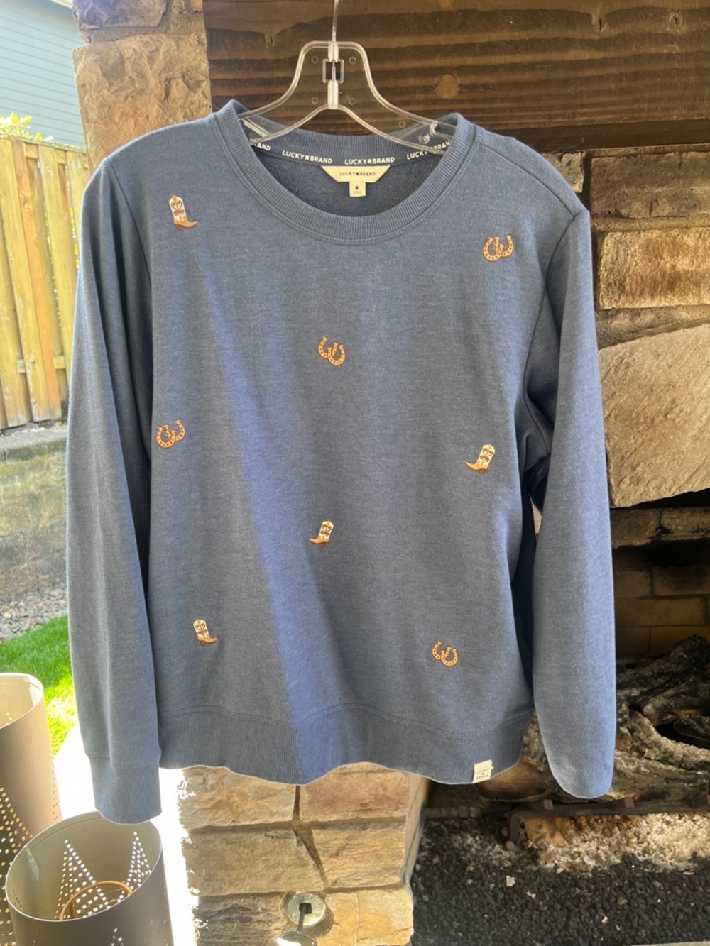 Lucky Brand Women’s Blue Sweatshirt with Embroidered Boots & Horseshoes NWOT